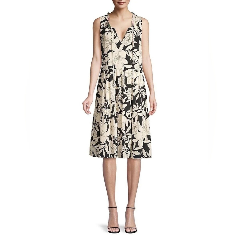 Johnny Was Jade Juliette Tiered Silk Black Cream Floral Dress Size XS‎